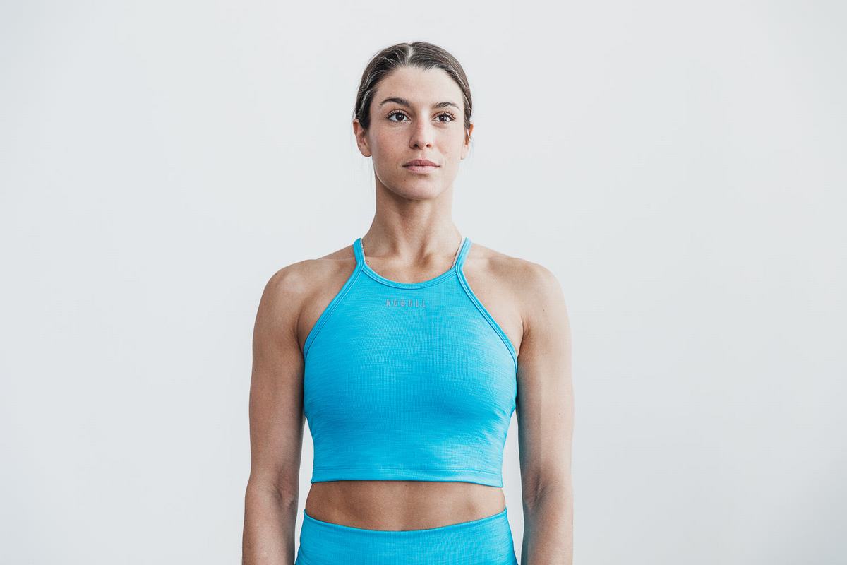 Debardeur Nobull Halter Crop Tank Neon Ribbed Femme Bleu | SQ8920753