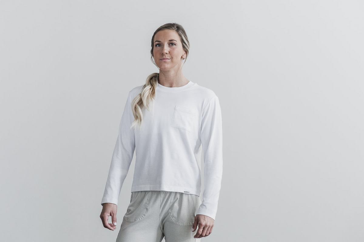 T-Shirt Manche Longue Nobull Heavyweight Pocket Boxy Femme Blanche | WU3108425
