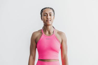 Debardeur Nobull Halter Crop Tank Neon Ribbed Femme Rose | CB8239057